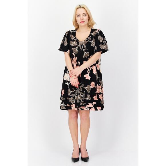 Nicole Miller Dresses & Skirts - Nicole Miller Linen Blend Floral Short Sleeve Dress Size XL NEW Black Multi